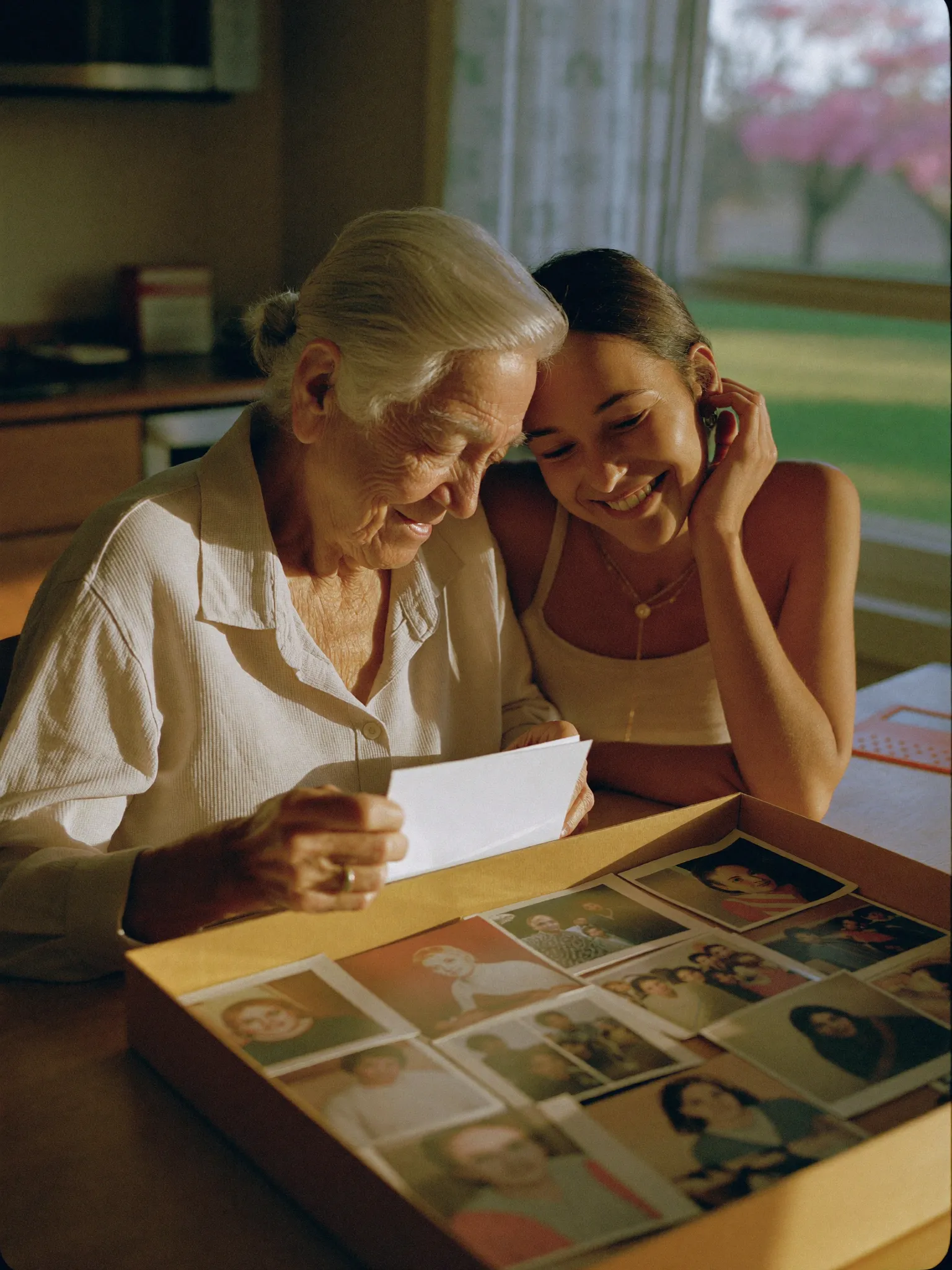 An older woman and her adult daughter looking through photos together, warm afternoon light
